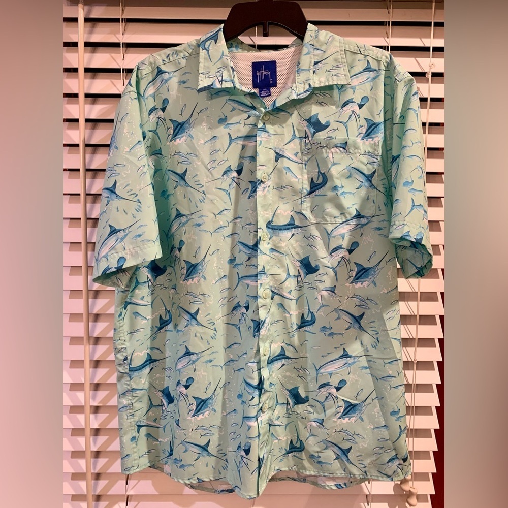 Guy Harvey Short Sleeve Green Button Front Shirt Mens L Fishing Vented FishTheme